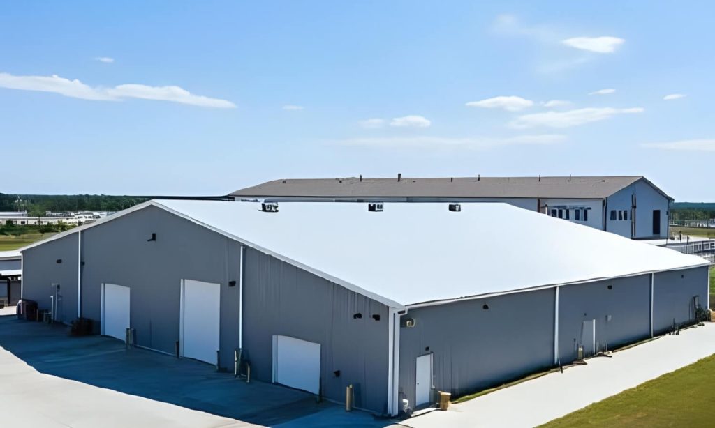 R Panel metal roofing on warehouse, strong, versatile, long lasting design